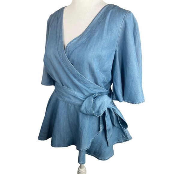 LOFT Chambray Blue Wrap Peplum Top Small Flutter Sleeves Adjustable Tie Waist - Picture 3 of 14